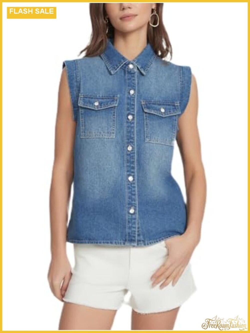Women's Sleeveless Denim Vest Jacket Vintage Button Down Jean Shacket with